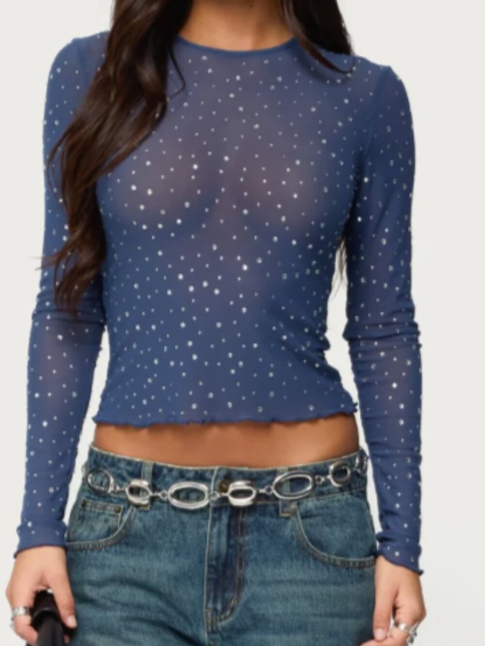 Blue rhinestone mesh top